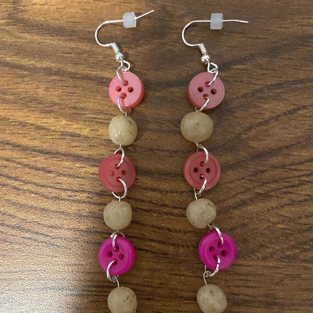 Handmade Pink Button And White Babes breath flower Bead Earrings